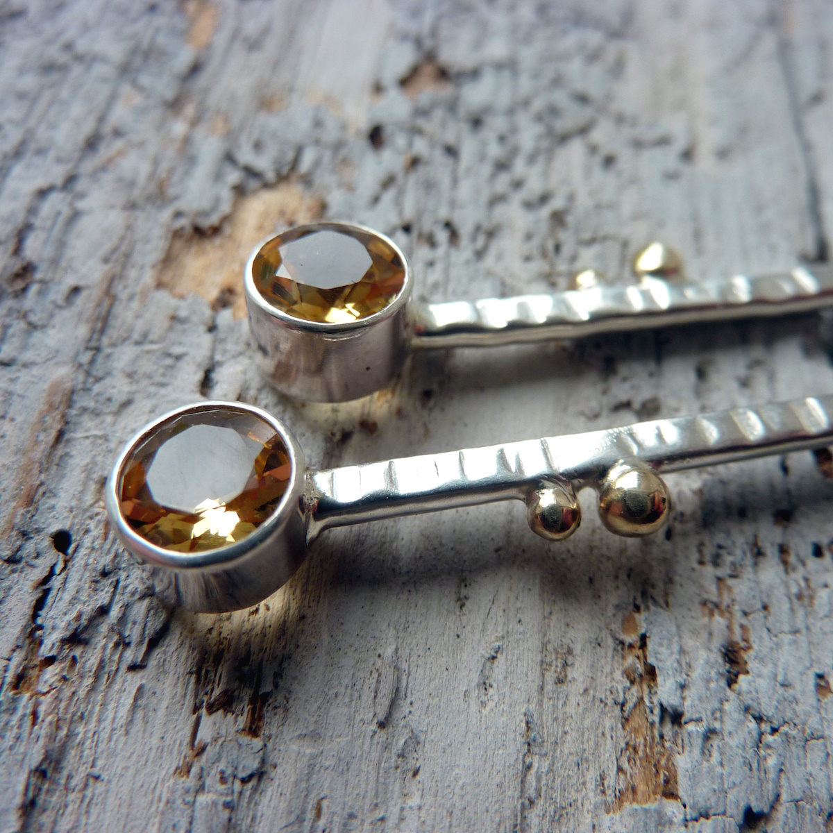 Handmade Silver and Gold Woodland Earrings with Citrine