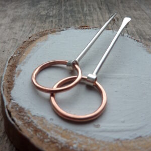 Long Silver and Copper Contemporary Dangle Hoop Earrings