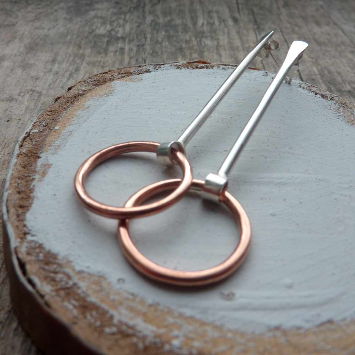 Long Silver and Copper Contemporary Dangle Hoop Earrings