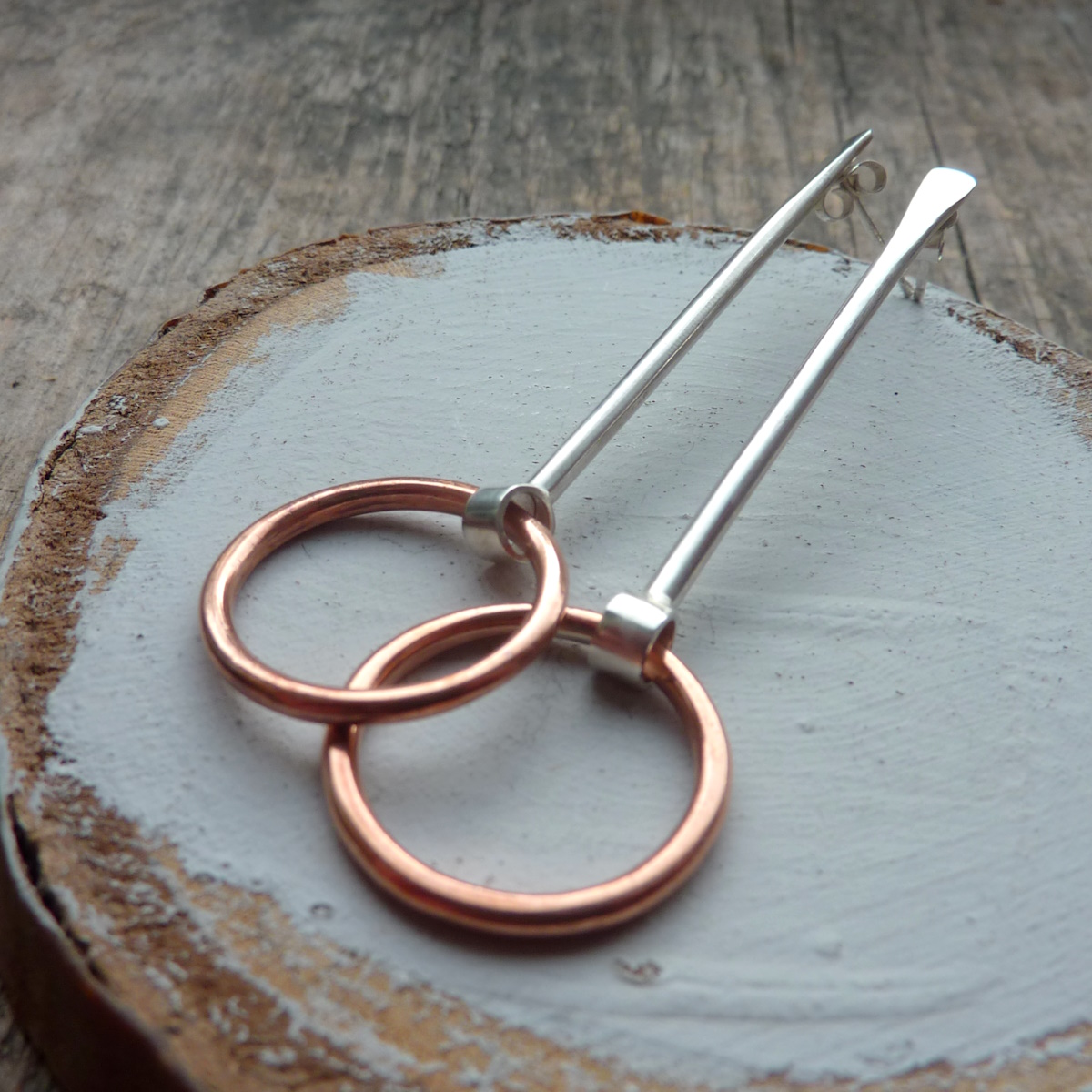 Long Silver and Copper Contemporary Dangle Hoop Earrings - Image 3