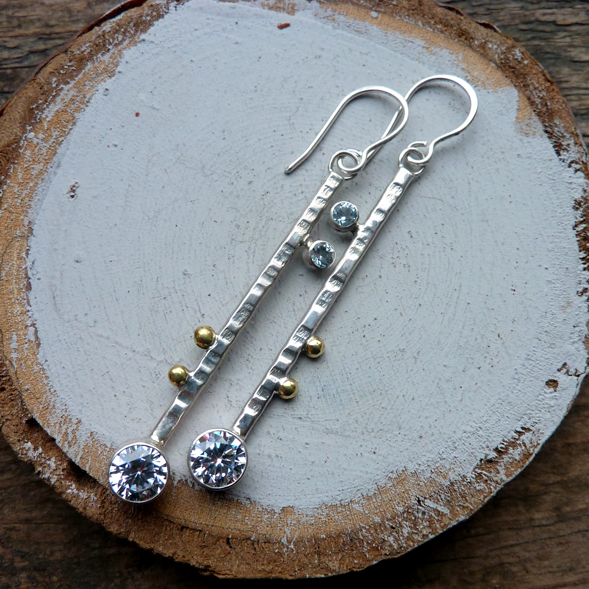 Handmade Silver, Brass, Clear Cubic Zirconia and Sky Blue Topaz Woodland Earrings