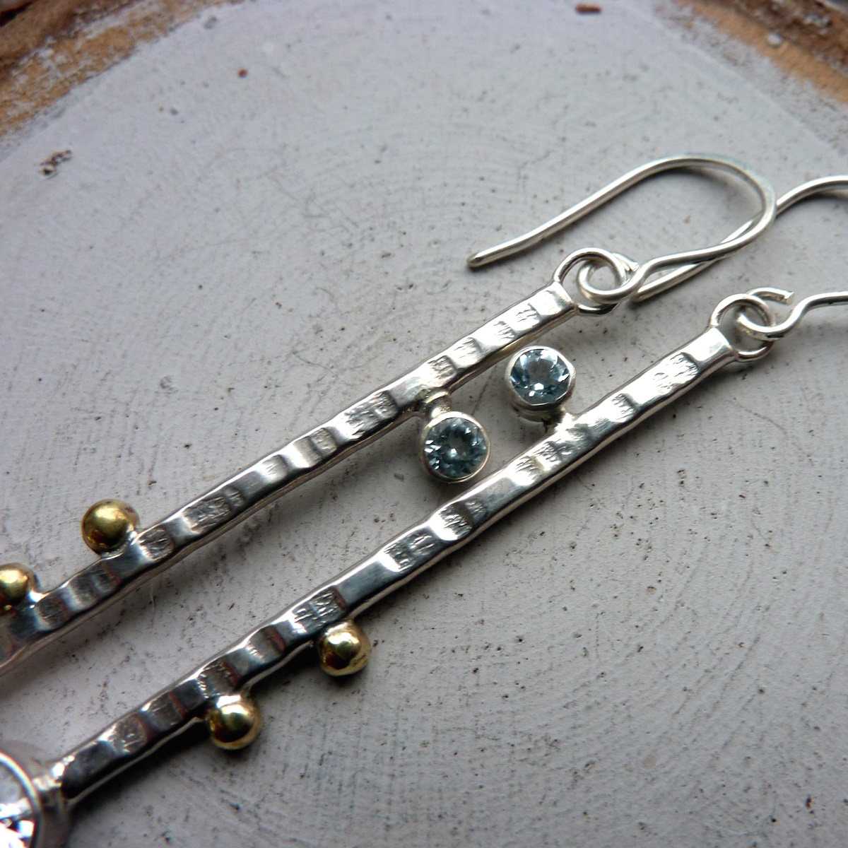 Handmade Silver, Brass, Clear Cubic Zirconia and Sky Blue Topaz Woodland Earrings - Image 3