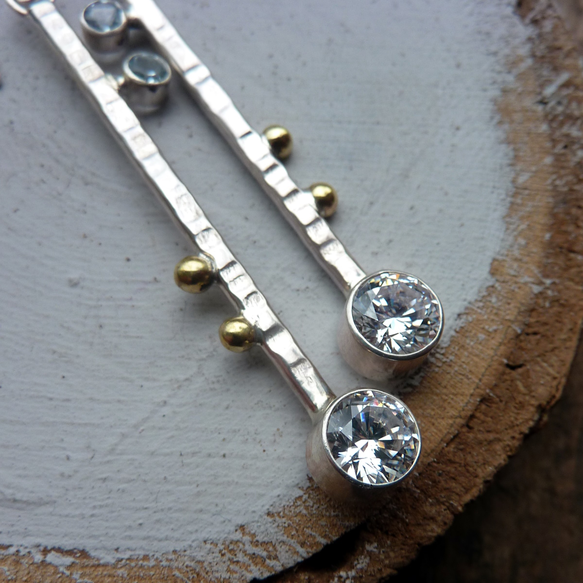Handmade Silver, Brass, Clear Cubic Zirconia and Sky Blue Topaz Woodland Earrings - Image 2